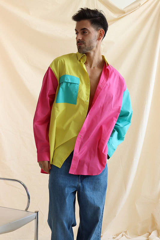 Person wearing multi coloured relaxed fit button up shirt with three colours and full sleeves in cotton