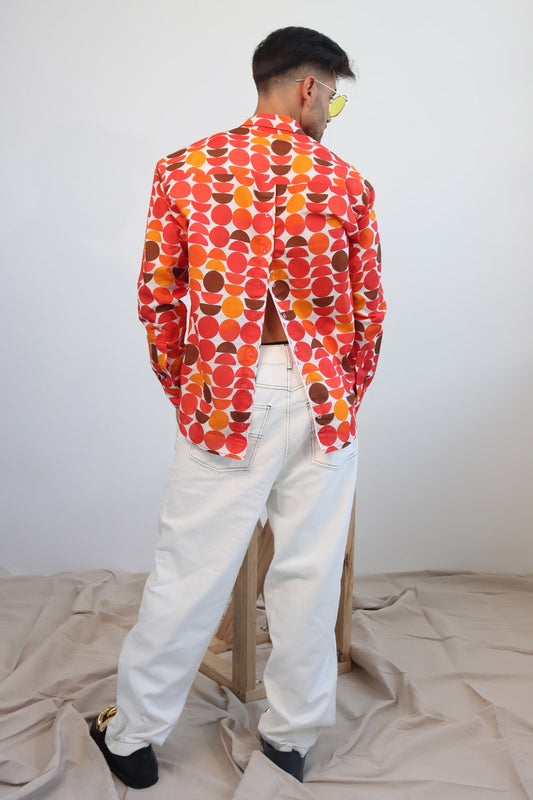 unisex circle print retro print shirt with button front and split back shirt with button down with long sleeves and cuff and collar