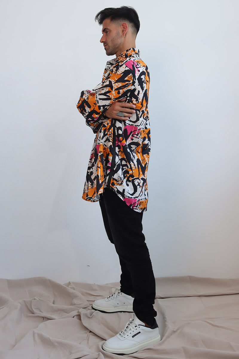 Graffiti print shirt with front button down and full sleeves with black ribbon trims and back tie with eyelets