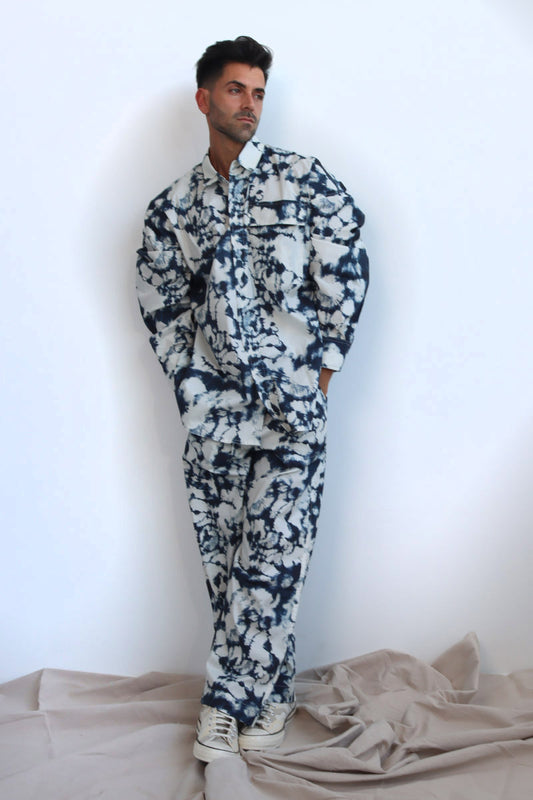 tie and dye print co-ord twin set in cotton with button down shirt and wide leg pants