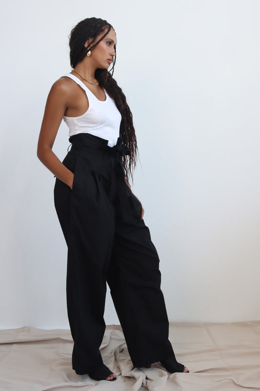 unisex paper-bag waist pant with wide leg and tie up