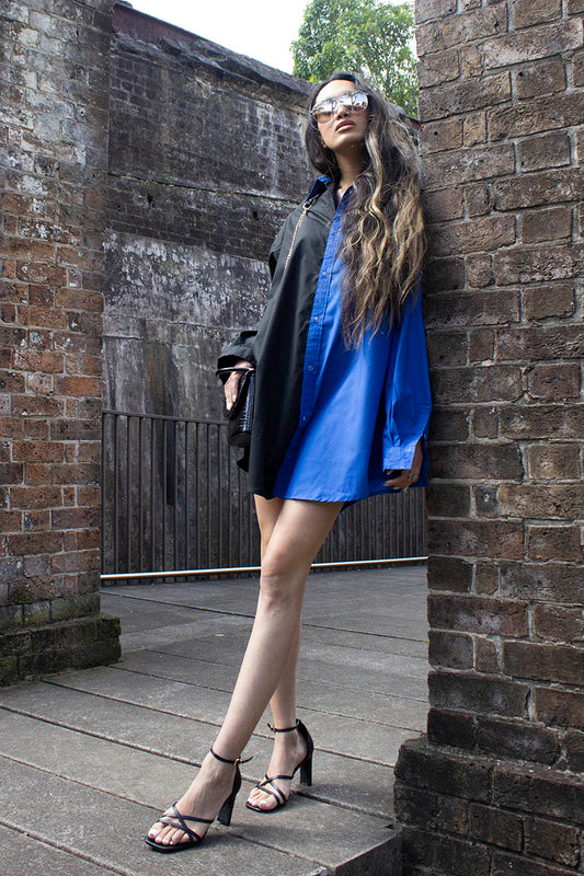 Two tone cobalt blue and black button down unisex shirt for oversize and plus size for women and men