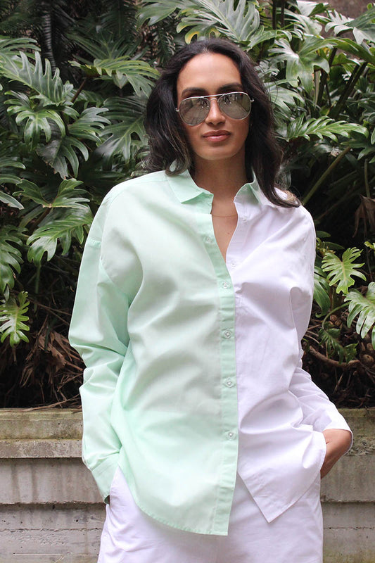 Two tone mint and white button down unisex shirt for oversize and plus size for women and men