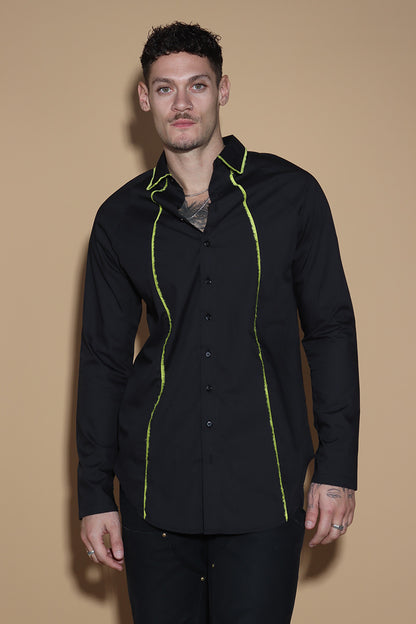 Get out of the Fringes and into the spotlight this season with this shirt exuding the confidence and charm. The raglan sleeved panelled shirt has a shirt collar and front button closure with button up sleeves without a cuff keeping it relaxed.  The shirt is accented with a statement fringe around the collar and seams giving you a taller and leaner look. Giving you a little something extra, the shirt takes you from desk to dinner without much effort.