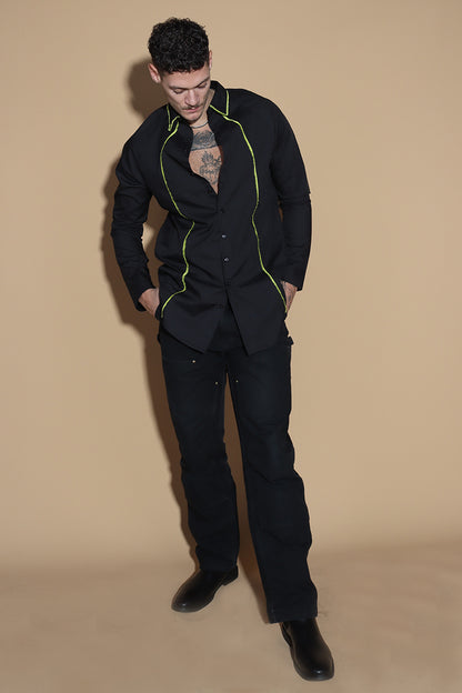 Get out of the Fringes and into the spotlight this season with this shirt exuding the confidence and charm. The raglan sleeved panelled shirt has a shirt collar and front button closure with button up sleeves without a cuff keeping it relaxed.  The shirt is accented with a statement fringe around the collar and seams giving you a taller and leaner look. Giving you a little something extra, the shirt takes you from desk to dinner without much effort.