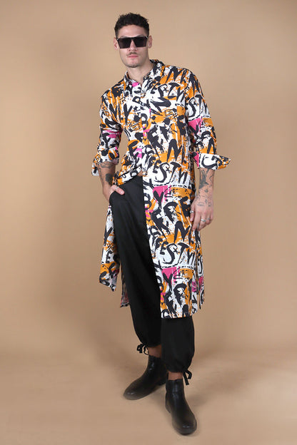 Go for a long tunic shirt that features our signature overall graffiti print that turns the heads for all the right reasons. The bold overall graffiti print showcases your individual personality marching to the beat of your own drum. In a textured Khaddar Cotton, the kurta tunic has a shirt collar and front button closure with side slits.