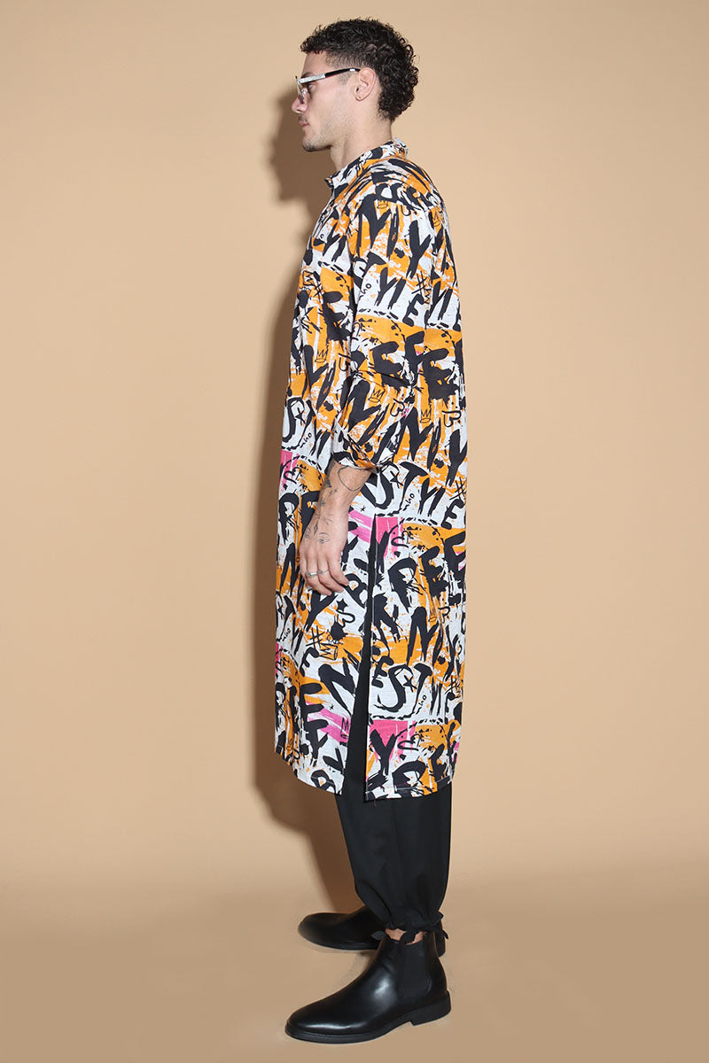Go for a long tunic shirt that features our signature overall graffiti print that turns the heads for all the right reasons. The bold overall graffiti print showcases your individual personality marching to the beat of your own drum. In a textured Khaddar Cotton, the kurta tunic has a shirt collar and front button closure with side slits.