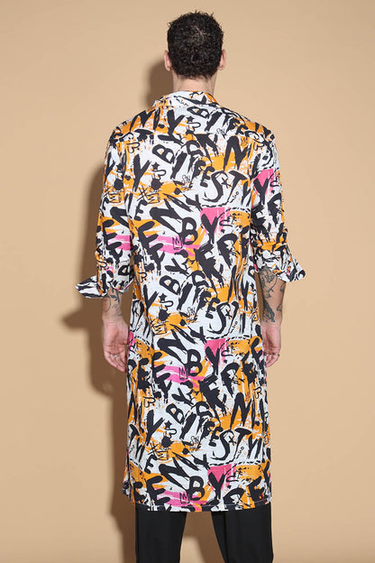 Go for a long tunic shirt that features our signature overall graffiti print that turns the heads for all the right reasons. The bold overall graffiti print showcases your individual personality marching to the beat of your own drum. In a textured Khaddar Cotton, the kurta tunic has a shirt collar and front button closure with side slits.