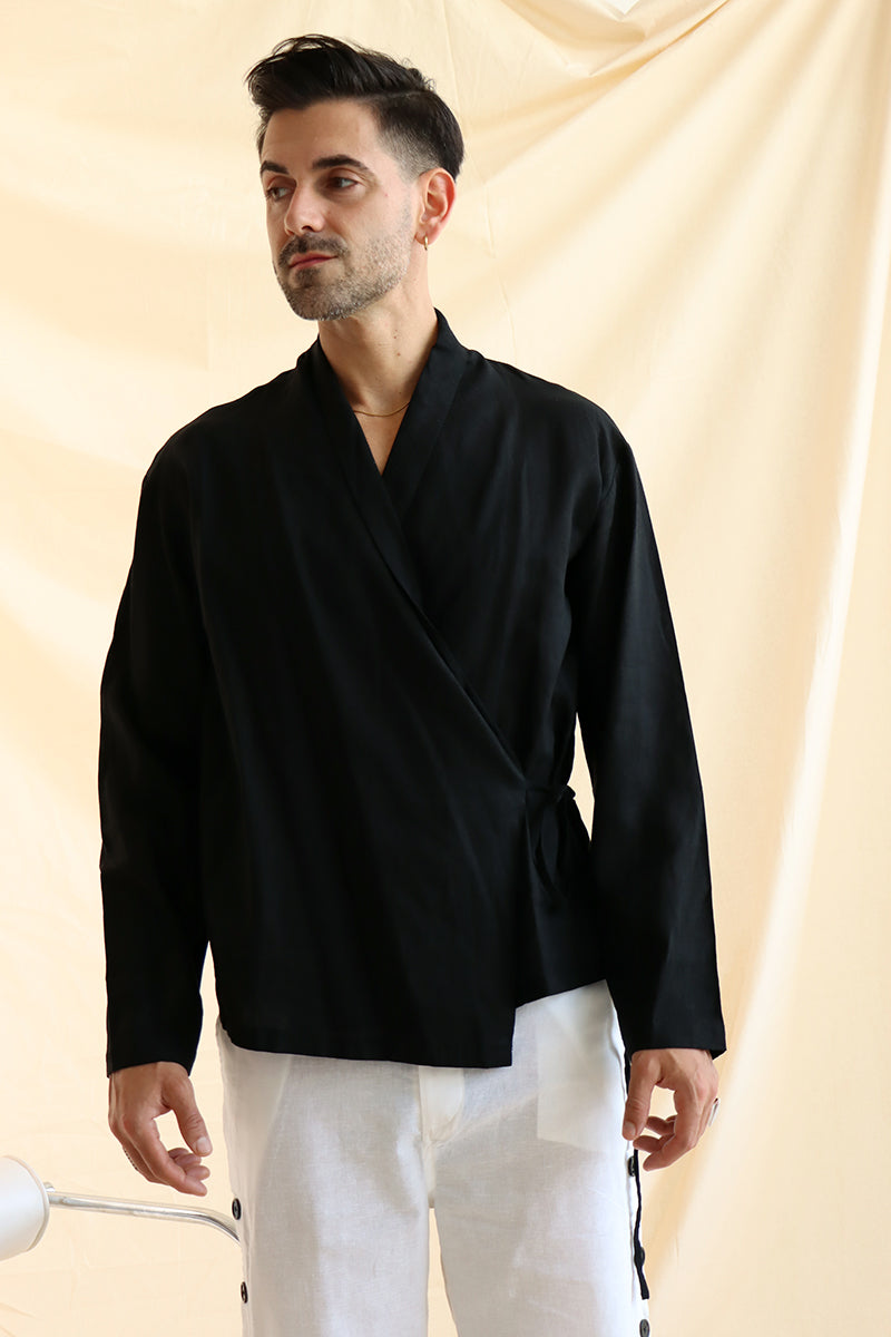 Wrap Tie-Up Linen Shirt In Black