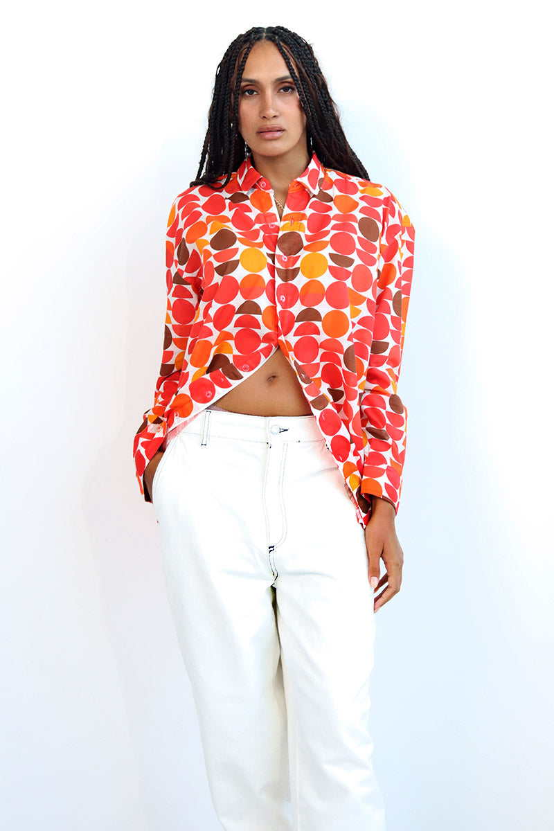 unisex circle print retro print shirt with button front and split back shirt with button down with long sleeves and cuff and collar