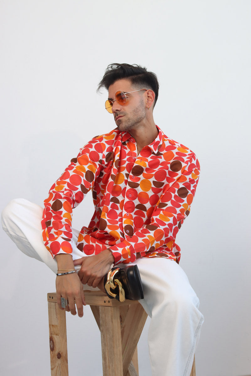 unisex circle print retro print shirt with button front and split back shirt with button down with long sleeves and cuff and collar