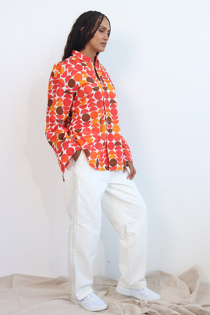 unisex circle print retro print shirt with button front and split back shirt with button down with long sleeves and cuff and collar