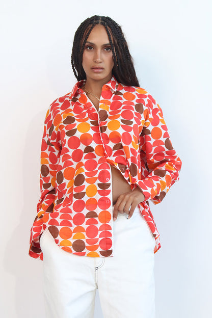 unisex circle print retro print shirt with button front and split back shirt with button down with long sleeves and cuff and collar