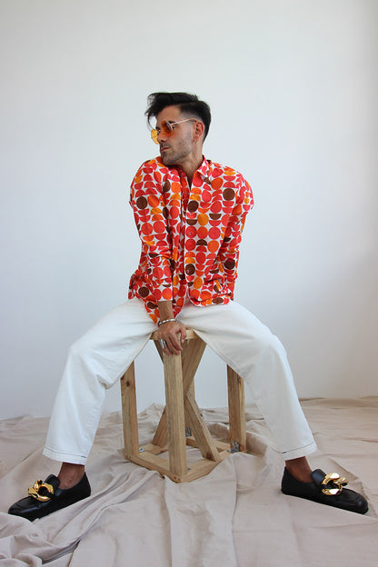 unisex circle print retro print shirt with button front and split back shirt with button down with long sleeves and cuff and collar