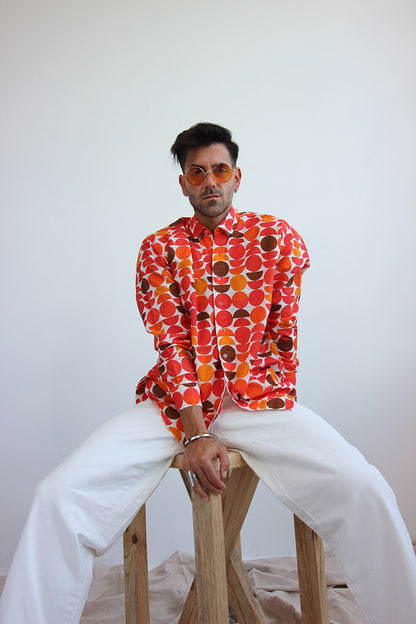 unisex circle print retro print shirt with button front and split back shirt with button down with long sleeves and cuff and collar