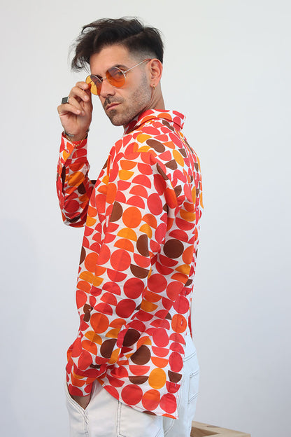 unisex circle print retro print shirt with button front and split back shirt with button down with long sleeves and cuff and collar