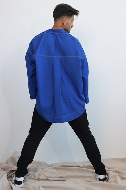 cotton striking camp collar shirt with neon yellow edged contrast stitching shirt with drop long sleeves 