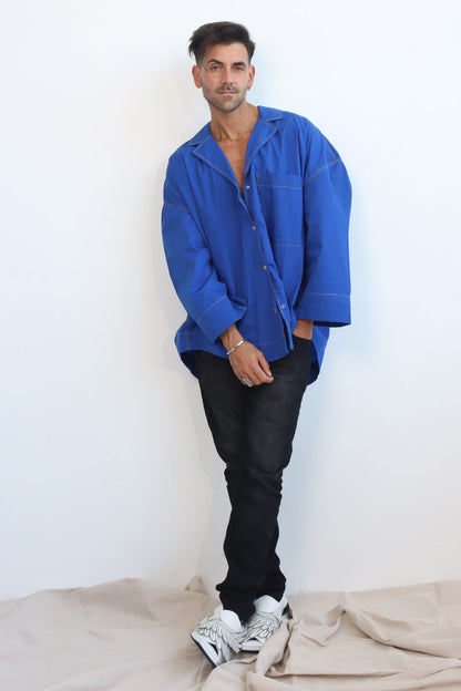 cotton striking camp collar shirt with neon yellow edged contrast stitching shirt with drop long sleeves 