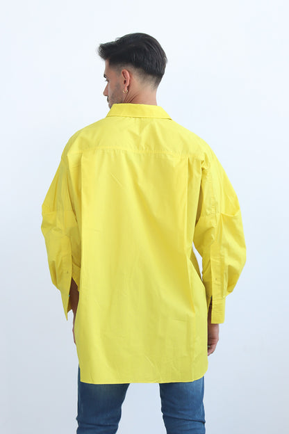 Yellow button down cotton shirt with puff sleeves and cerulean blue trim