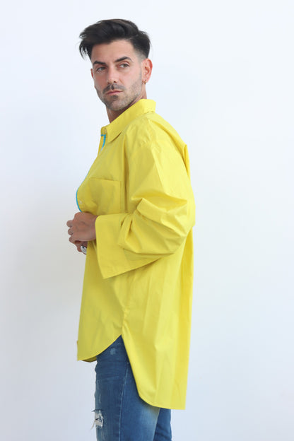 Yellow button down cotton shirt with puff sleeves and cerulean blue trim
