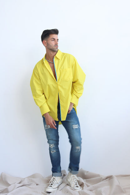 Yellow button down cotton shirt with puff sleeves and cerulean blue trim