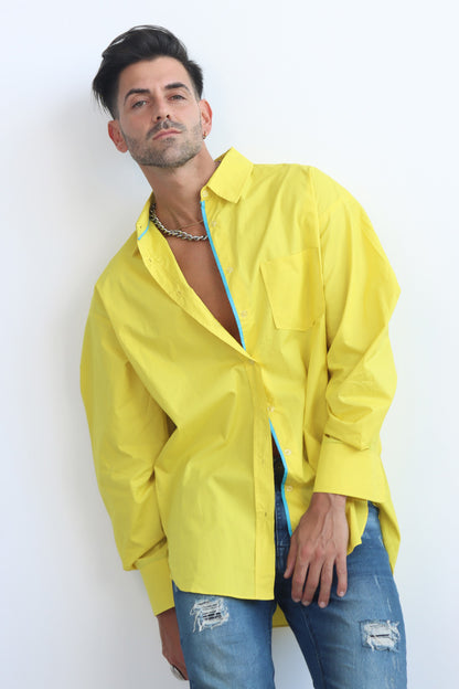 Yellow button down cotton shirt with puff sleeves and cerulean blue trim