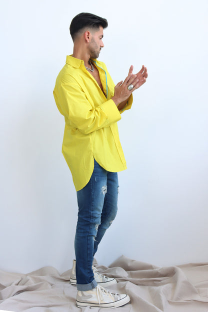 Yellow button down cotton shirt with puff sleeves and cerulean blue trim
