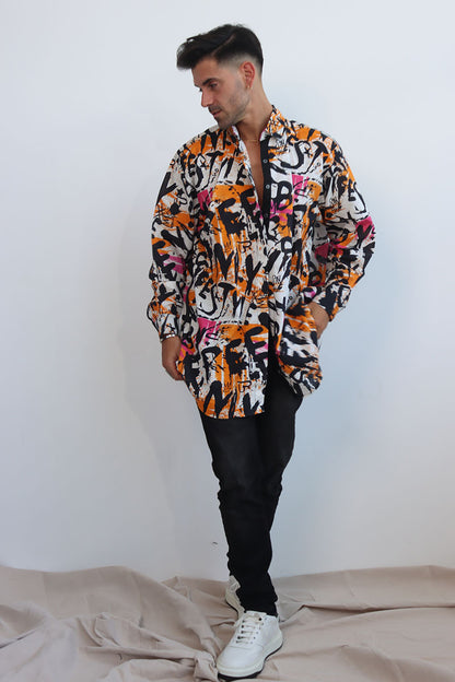 Graffiti print shirt with front button down and full sleeves with black ribbon trims and back tie with eyelets