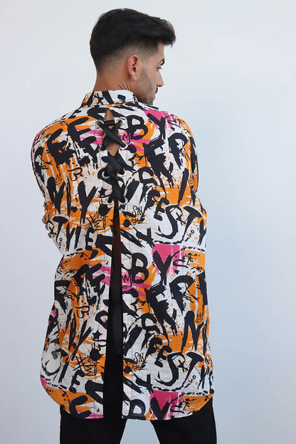 Graffiti print shirt with front button down and full sleeves with black ribbon trims and back tie with eyelets