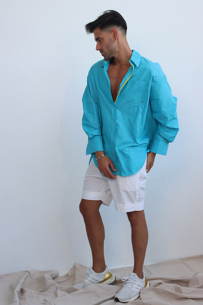 Sky Blue button down cotton shirt with puff sleeves and yellow trims