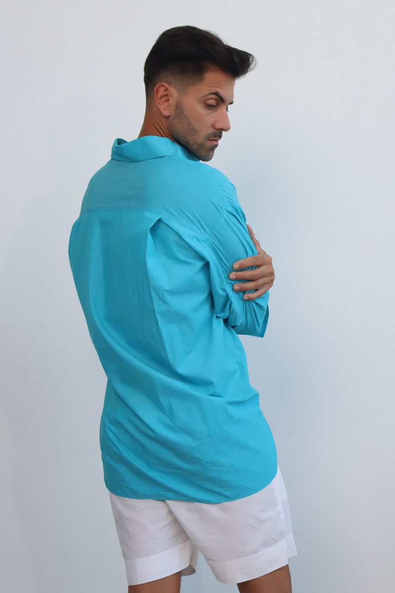 Sky Cerulean Blue button down cotton shirt with puff sleeves and yellow trims