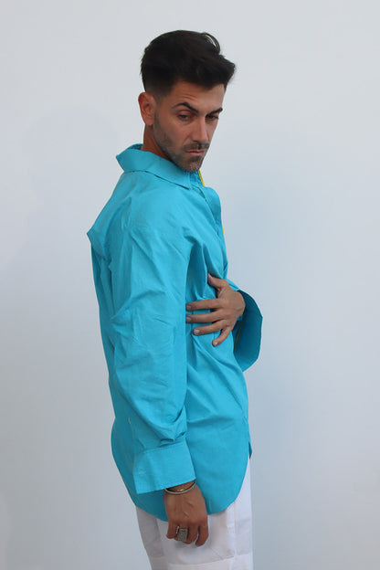 Sky Cerulean Blue button down cotton shirt with puff sleeves and yellow trims