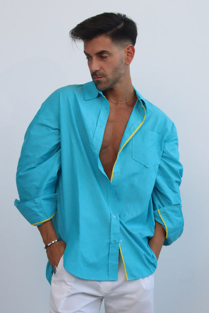 Sky Cerulean Blue button down cotton shirt with puff sleeves and yellow trims