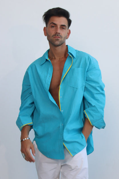 Sky Cerulean Blue button down cotton shirt with puff sleeves and yellow trims
