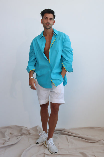 Sky Cerulean Blue button down cotton shirt with puff sleeves and yellow trims