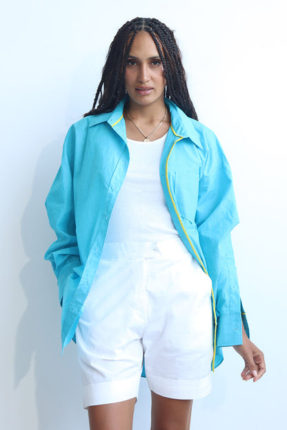 Sky Cerulean Blue button down cotton shirt with puff sleeves and yellow trims