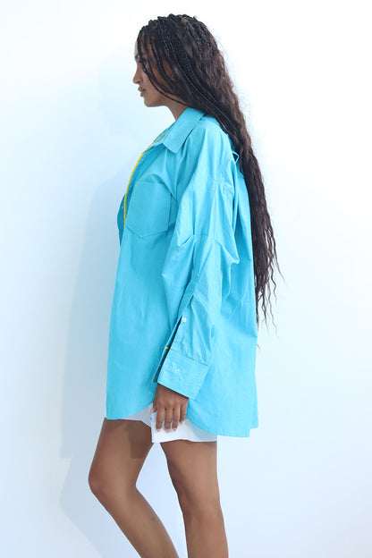 Sky Cerulean Blue button down cotton shirt with puff sleeves and yellow trims