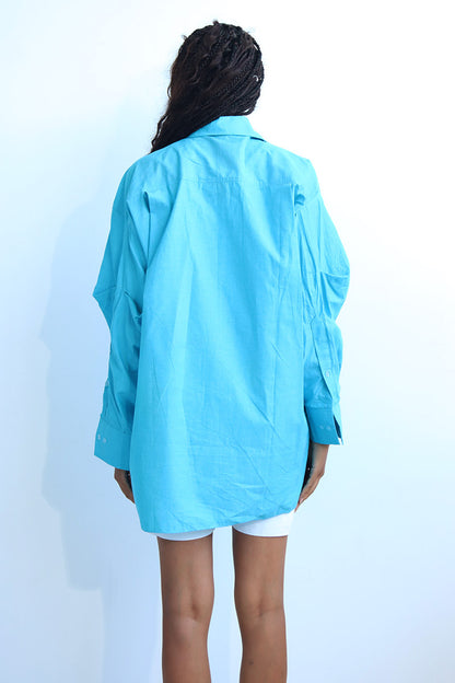 Sky Cerulean Blue button down cotton shirt with puff sleeves and yellow trims