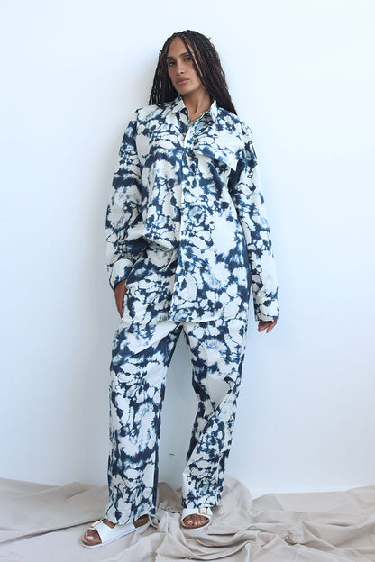 tie and dye print co-ord twin set in cotton with button down shirt and wide leg pants