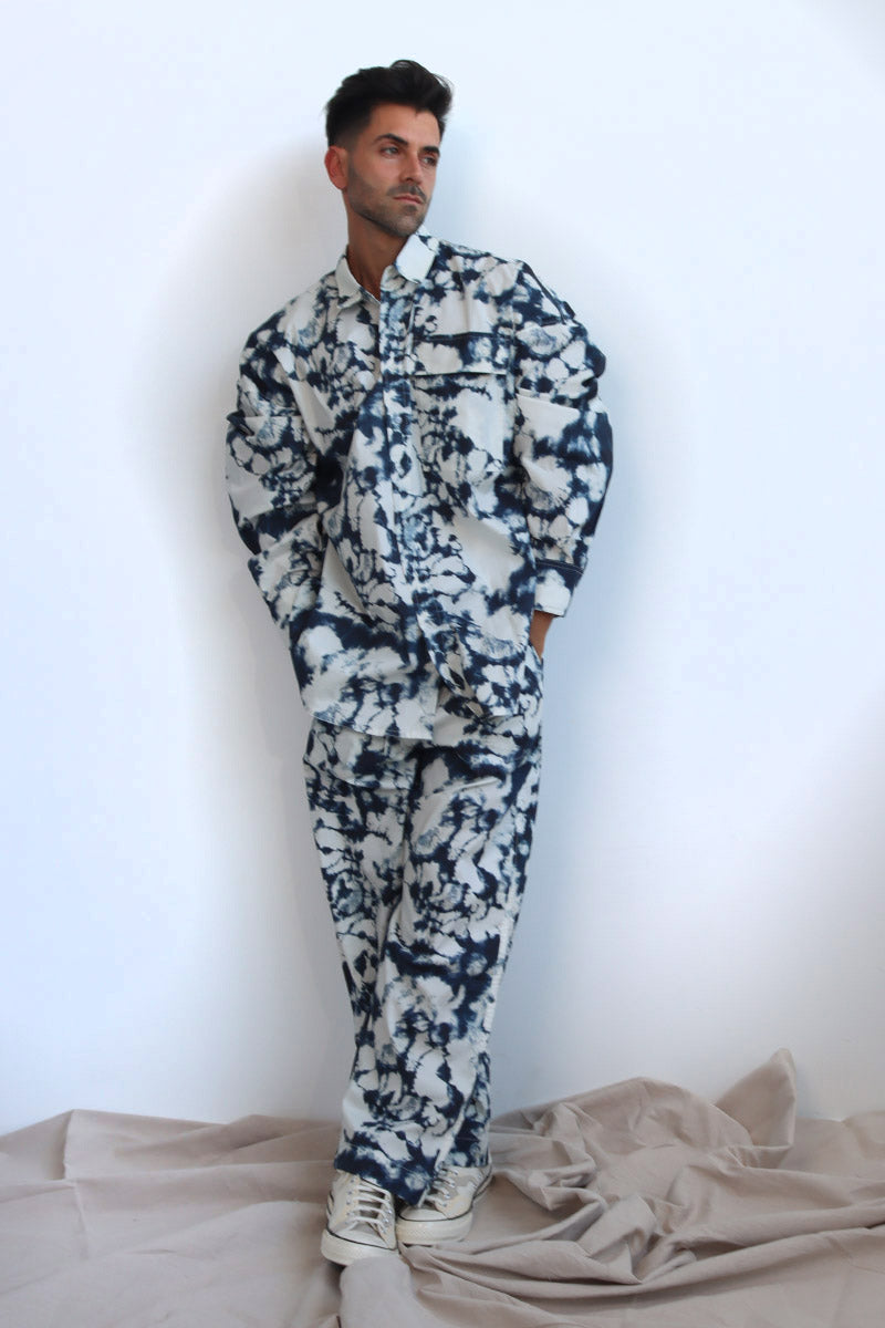 tie and dye print co-ord twin set in cotton with button down shirt and wide leg pants