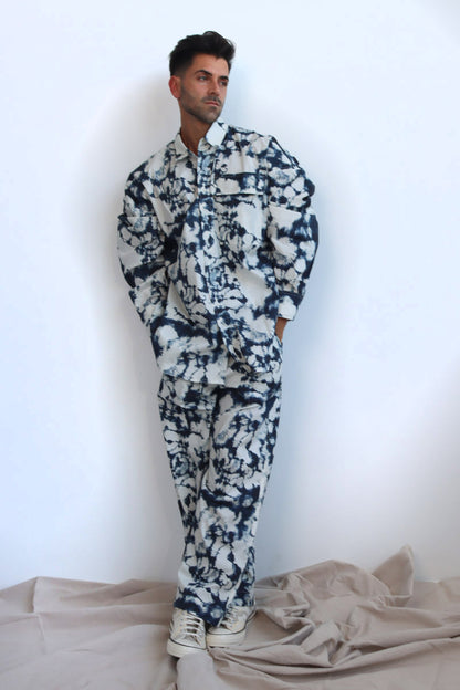 tie and dye print co-ord twin set in cotton with button down shirt and wide leg pants