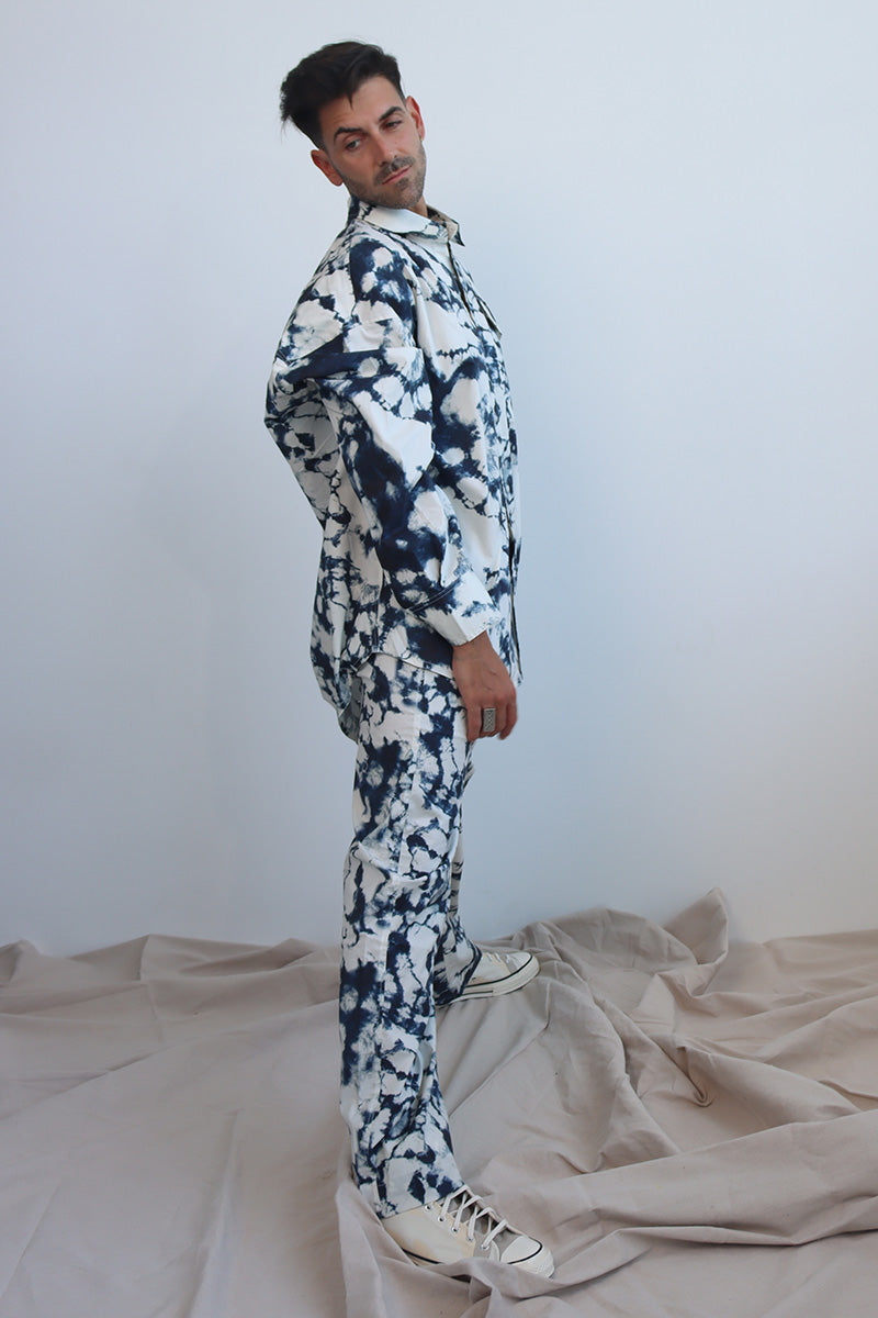 tie and dye print co-ord twin set in cotton with button down shirt and wide leg pants