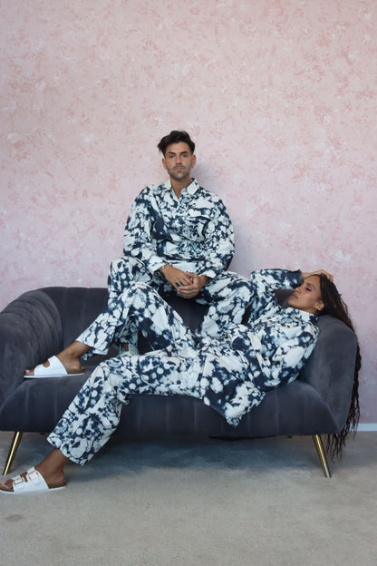 tie and dye print co-ord twin set in cotton with button down shirt and wide leg pants all unisex