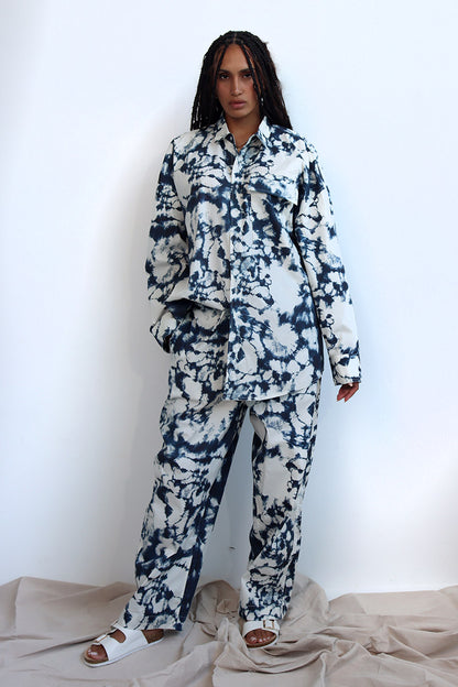 tie and dye print co-ord twin set in cotton with button down shirt and wide leg pants