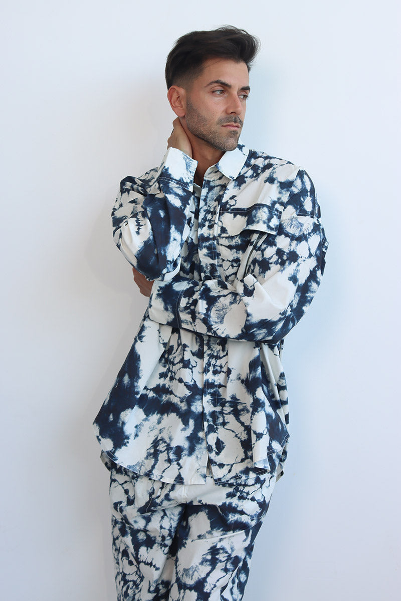tie and dye print co-ord twin set in cotton with button down shirt and wide leg pants