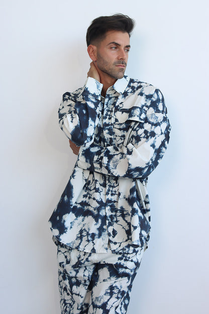 tie and dye print co-ord twin set in cotton with button down shirt and wide leg pants