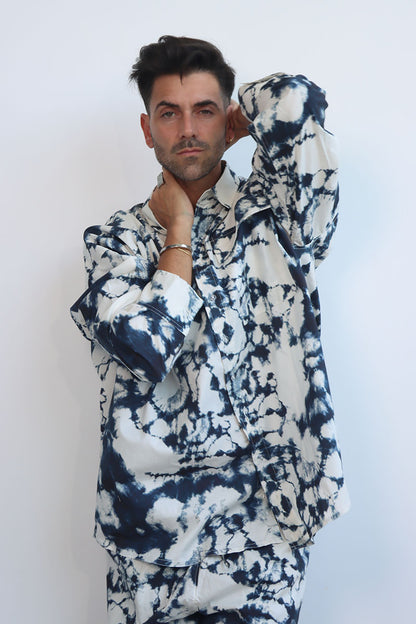 tie and dye print co-ord twin set in cotton with button down shirt and wide leg pants