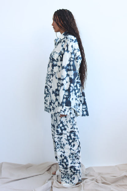 tie and dye print co-ord twin set in cotton with button down shirt and wide leg pants