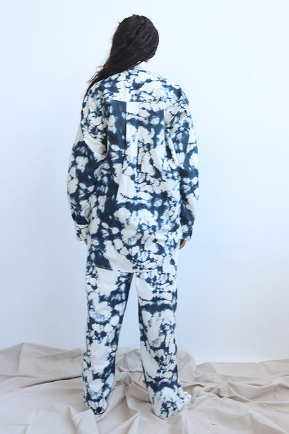 tie and dye print co-ord twin set in cotton with button down shirt and wide leg pants