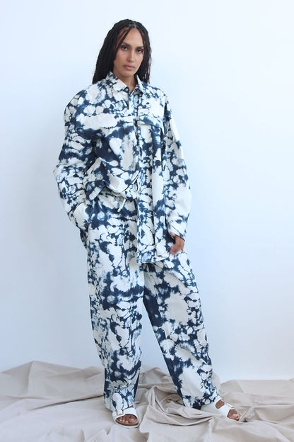 tie and dye print co-ord twin set in cotton with button down shirt and wide leg pants all unisex